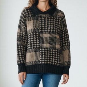 Vintage Wool Sweater Pattern Houndstooth Tan & Black Collared Grandpa Sweater XL